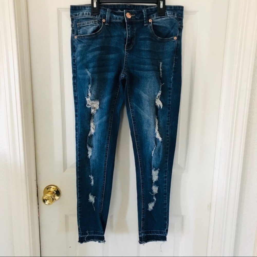 Distressed high waisted cotton stretch denim raw hem skinny jeans Size 6